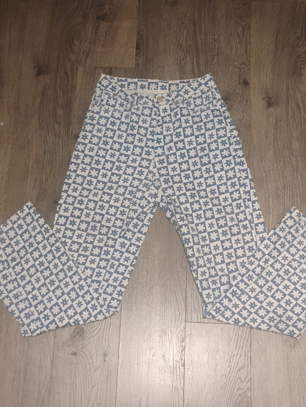 Blue And White Checkered Floral Jeans